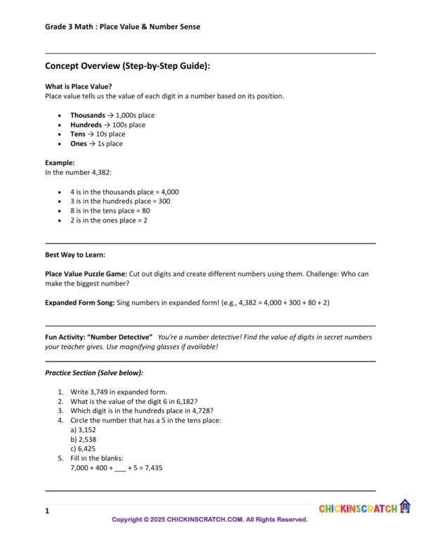 Place Value and Number Sense – 3rd Grade Math Worksheets