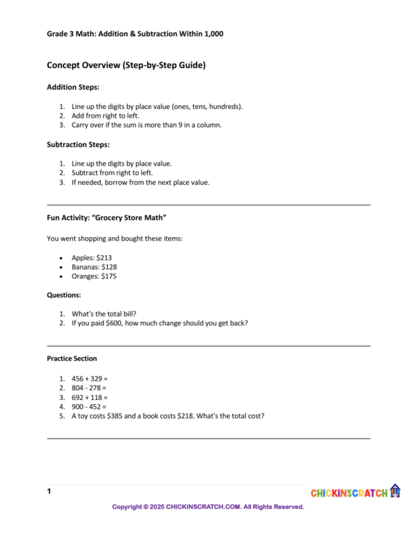 Grade 3 Math: Addition & Subtraction Within 1,000 worksheets