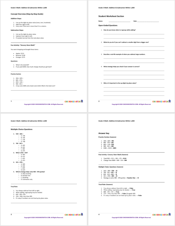 Grade 3 Math: Addition & Subtraction Within 1,000 worksheets - Image 3