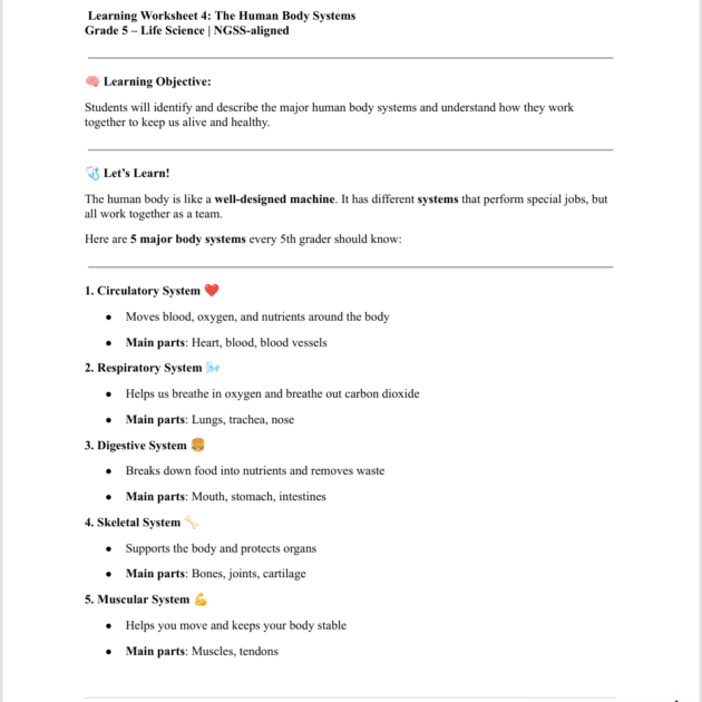 Grade 5 Life Science Reading: The Human Body Systems