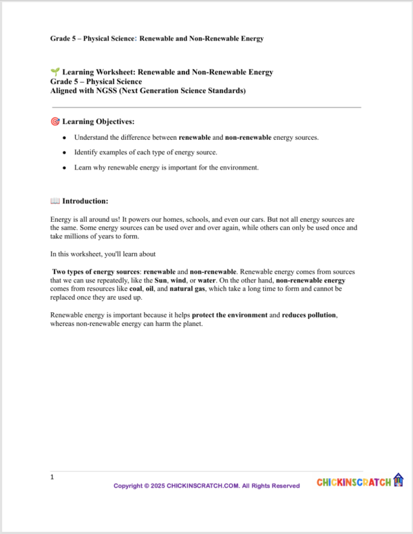 Grade 5 Physical Science Reading: Renewable and Non-Renewable Energy