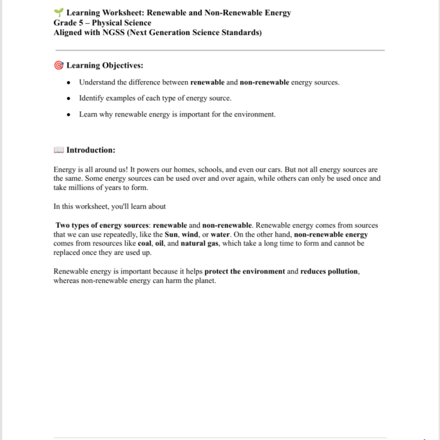 Grade 5 Physical Science Reading: Renewable and Non-Renewable Energy