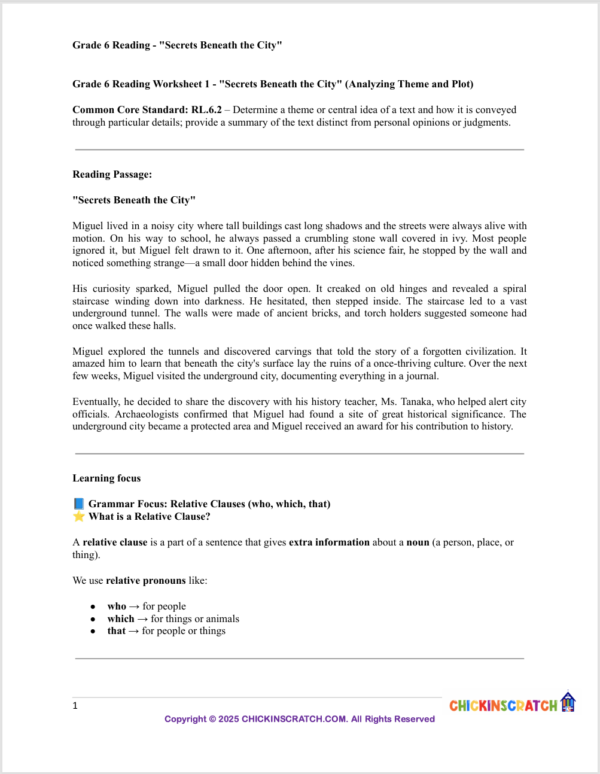 Grade 6 Reading Worksheet: "Secrets Beneath the City" (Analyzing Theme and Plot)