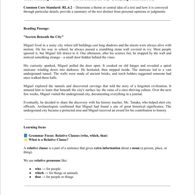 Grade 6 Reading Worksheet: "Secrets Beneath the City" (Analyzing Theme and Plot)