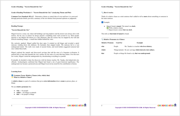 Grade 6 Reading Worksheet: "Secrets Beneath the City" (Analyzing Theme and Plot) - Image 2
