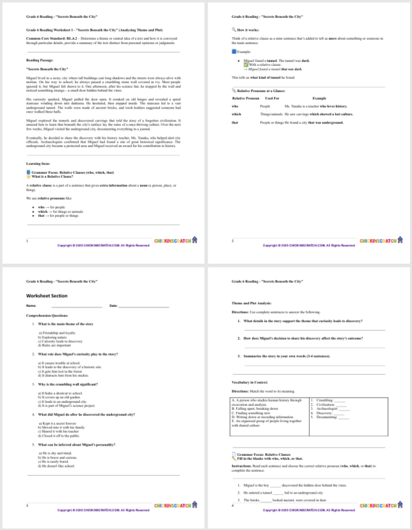 Grade 6 Reading Worksheet: "Secrets Beneath the City" (Analyzing Theme and Plot) - Image 3