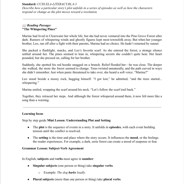 Grade 6 Reading – "The Whispering Pines"