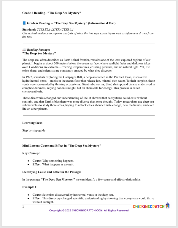 Grade 6 Reading– "The Deep Sea Mystery"