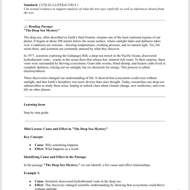Grade 6 Reading– "The Deep Sea Mystery"