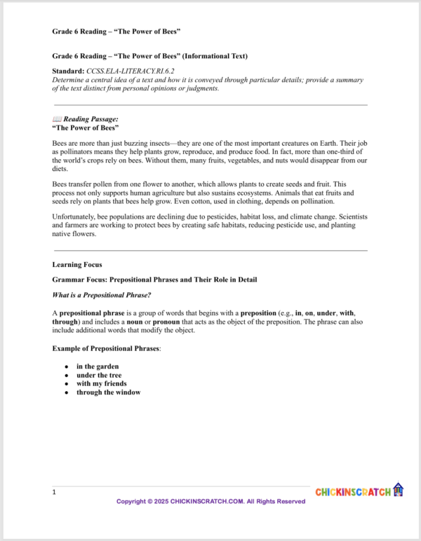 Grade 6 Reading: "The Power of Bees"