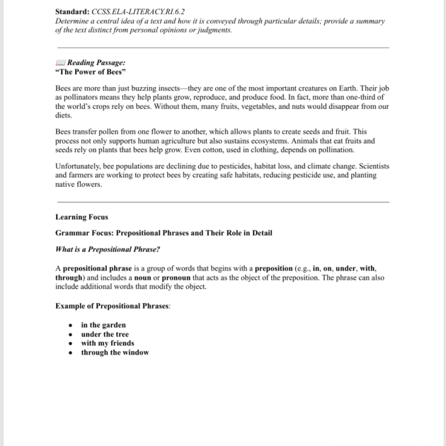Grade 6 Reading: "The Power of Bees"
