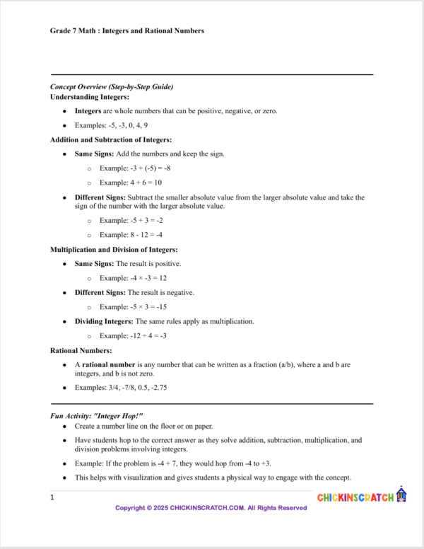Grade 7 Math : Integers and Rational Numbers