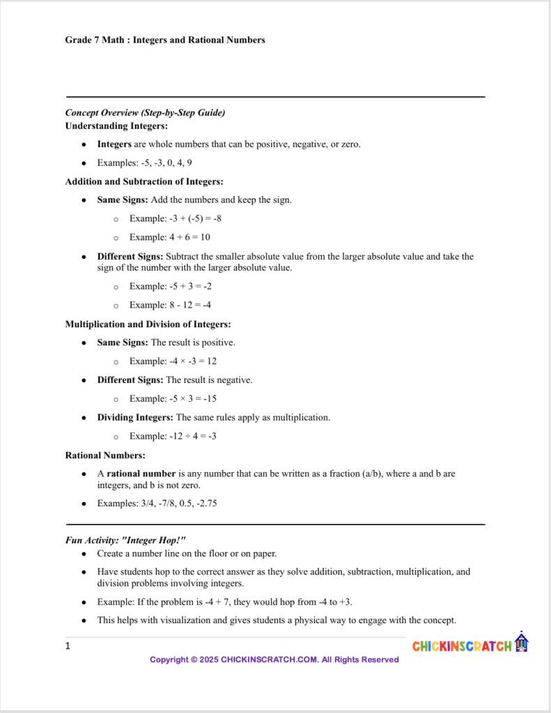 Grade 7 Math Integers & Rational Numbers Worksheets