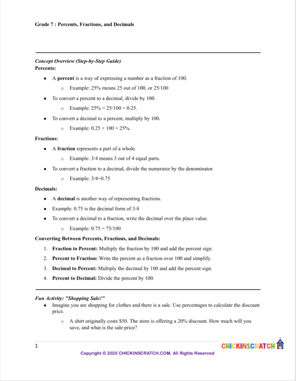 Grade 7 Math: Percent's, Fractions, and Decimals