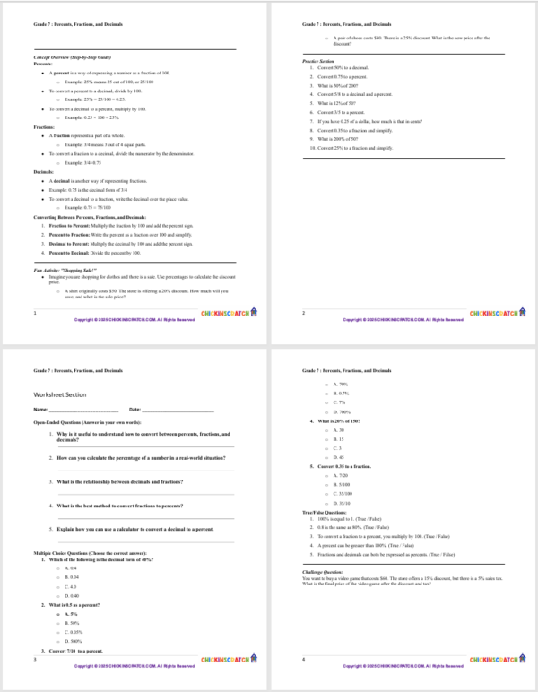 Grade 7 Math: Percent's, Fractions, and Decimals - Image 3
