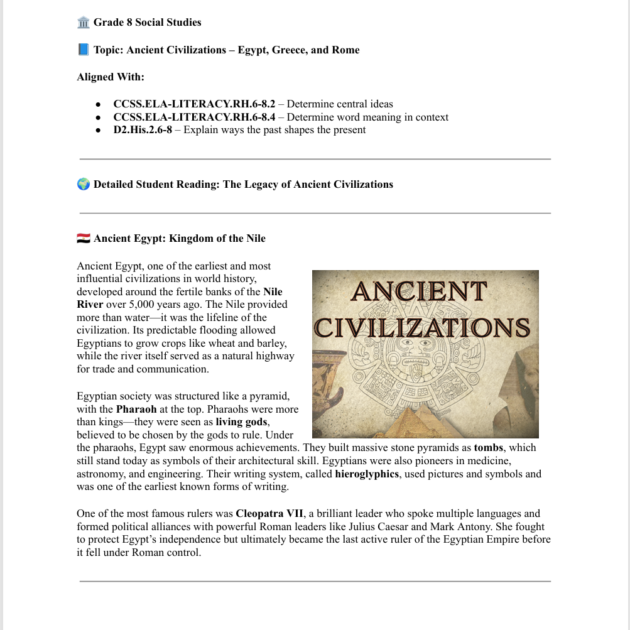 Grade 8 Social Studies: Ancient Civilizations – Egypt, Greece, and Rome