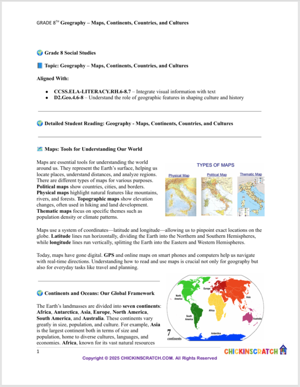 Grade 8 Geography: Maps, Continents, Countries, and Cultures