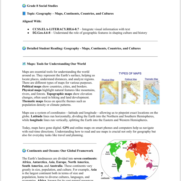 Grade 8 Geography: Maps, Continents, Countries, and Cultures