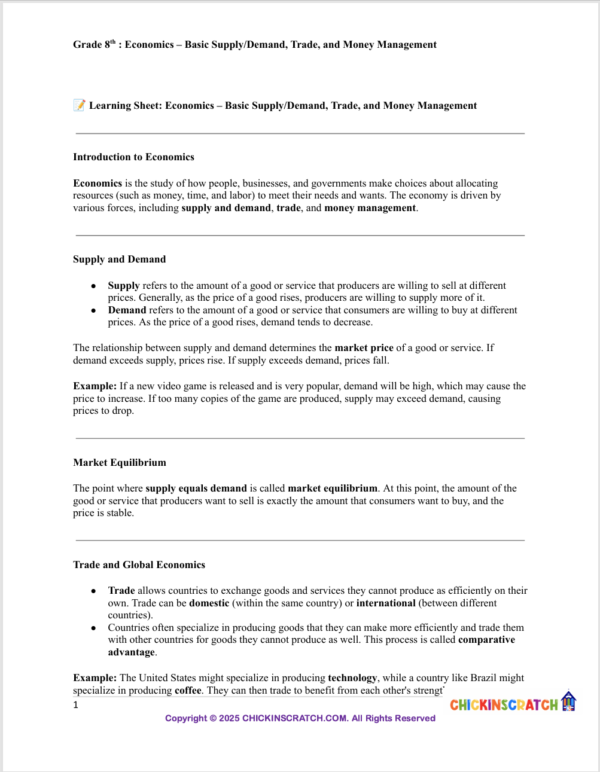 Grade 8 Economics: Supply & Demand, Trade, and Money Management