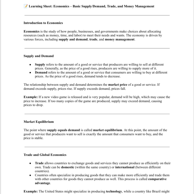 Grade 8 Economics: Supply & Demand, Trade, and Money Management