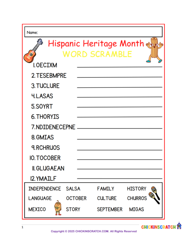 Hispanic Heritage Month – Word Scramble Worksheet