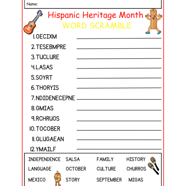Hispanic Heritage Month – Word Scramble Worksheet