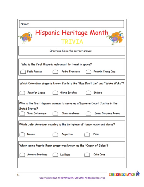 Hispanic Heritage Month – Trivia Worksheet