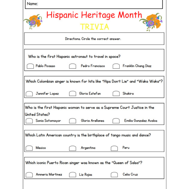 Hispanic Heritage Month – Trivia Worksheet