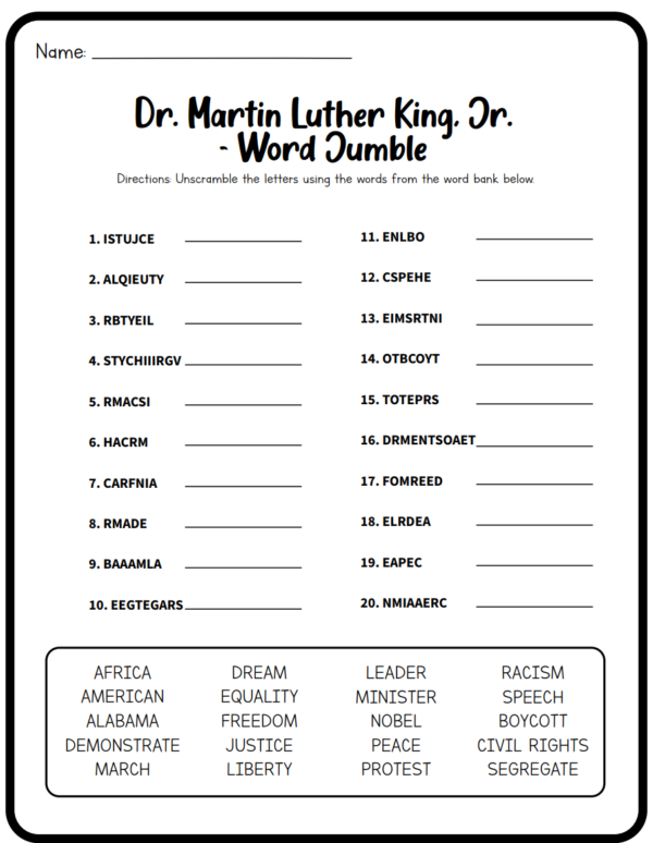 Dr. Martin Luther King, Jr. – Word Jumble