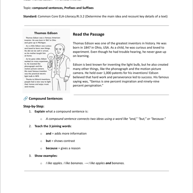 Grade 3 Reading Comprehension: Thomas Edison – Worksheets