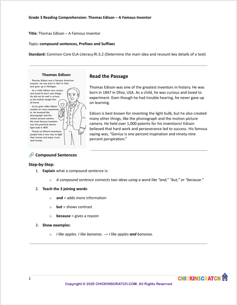 Grade 3 Thomas Edison Reading Comprehension Worksheets
