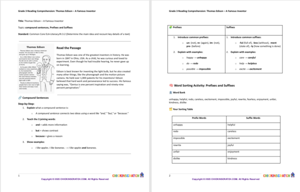 Grade 3 Reading Comprehension: Thomas Edison – Worksheets - Image 2