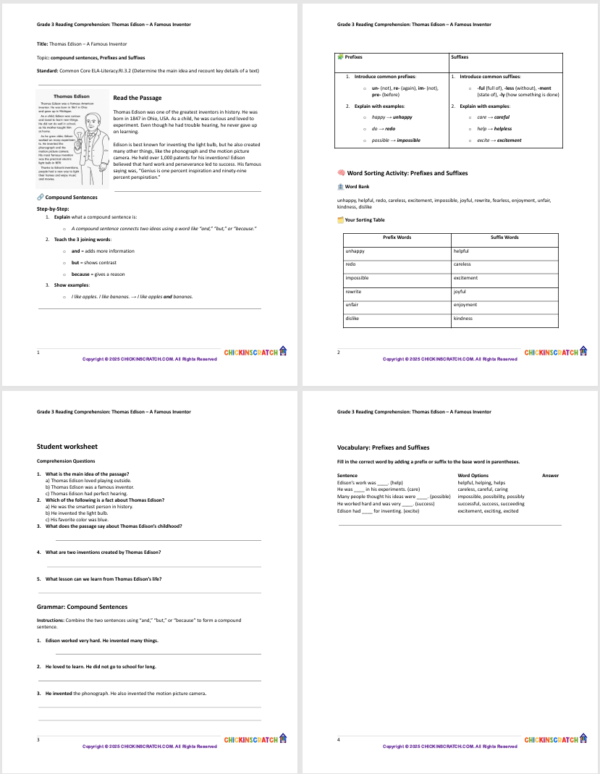 Grade 3 Reading Comprehension: Thomas Edison – Worksheets - Image 3