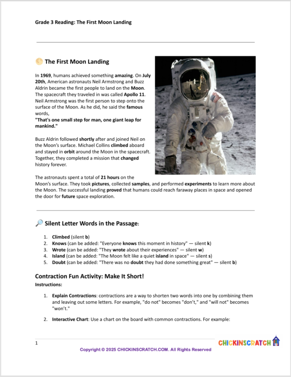 Grade 3 Reading: The First Moon Landing Worksheets
