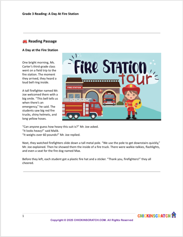 Grade 3 Reading: A Day at the Fire Station Worksheets