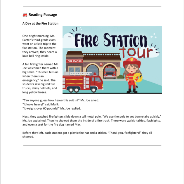 Grade 3 Reading: A Day at the Fire Station Worksheets
