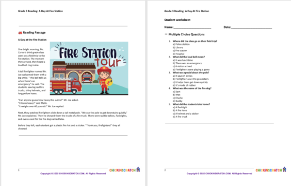 Grade 3 Reading: A Day at the Fire Station Worksheets - Image 2