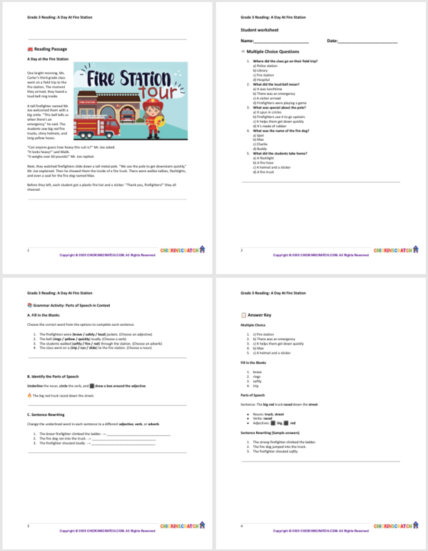 Grade 3 Reading: A Day at the Fire Station Worksheets - Image 3