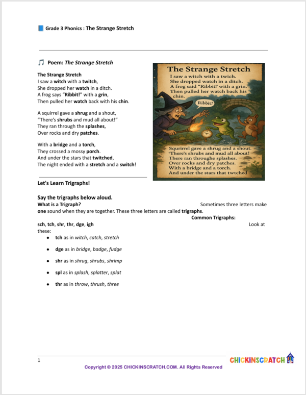 Grade 3 Phonics Poem: The Strange Stretch Worksheets